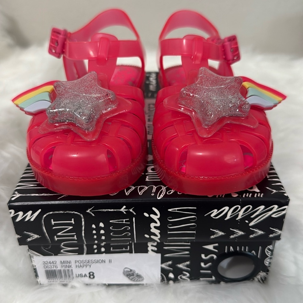 New! Mini Melissa Possession II Pink Happy Rainbow Shooting Star Sandals sz 8‎